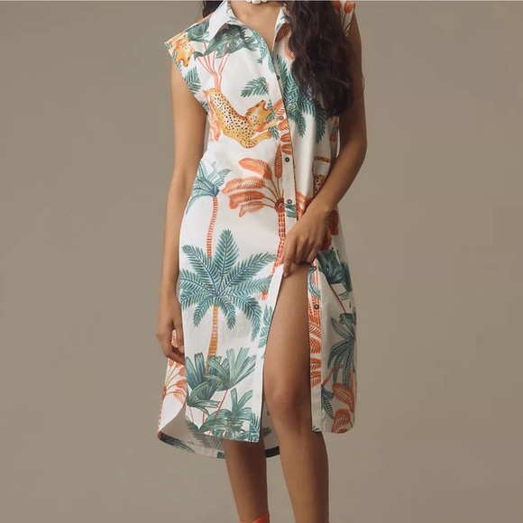 Anthropologie Maeve The Lillian Cap-Sleeve Button-Front Midi Dress Sz L cheetah - Picture 1 of 9